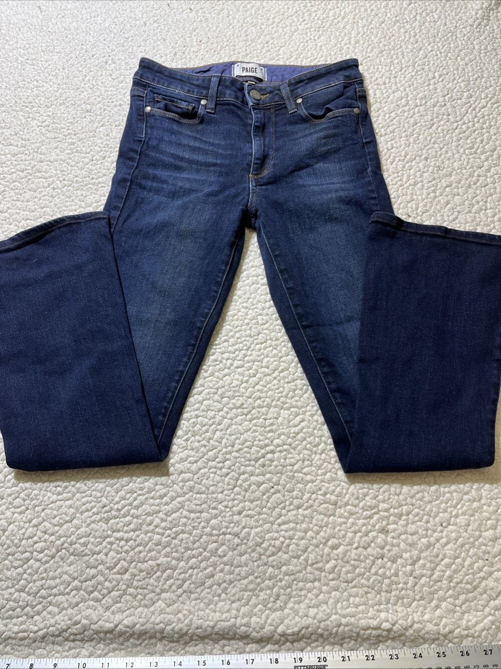 Paige Laurel Canyon Jeans Deep Blue High Rise Flare Raw Hem Den- Womens 27